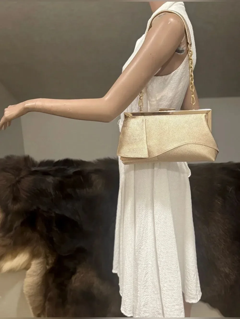 Gold Pebble Leather Handmade Asymmetrical Ruffles Push Lock Frame Bag